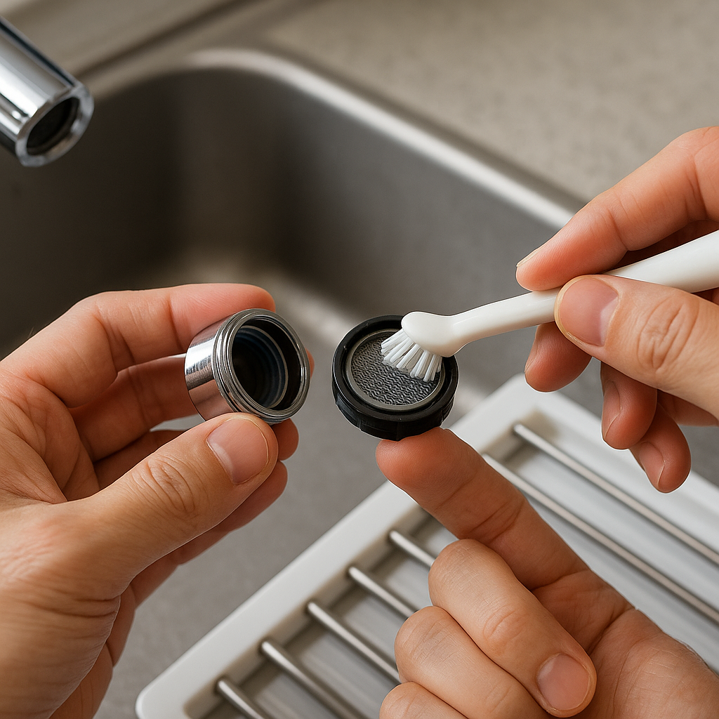 코크와 에어레이터를 분해해 솔로 세척하는 손