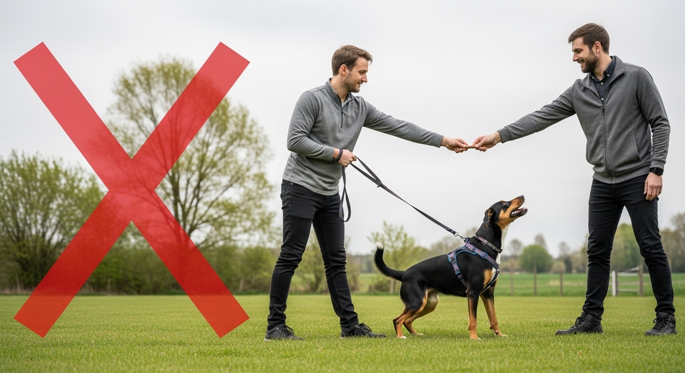 강아지 보호자가 줄을 당기면서 간식을 주는 잘못된 훈련 모습