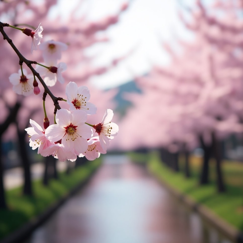 물길을 따라 펼쳐진 벚꽃 터널과 흐드러진 꽃가지.