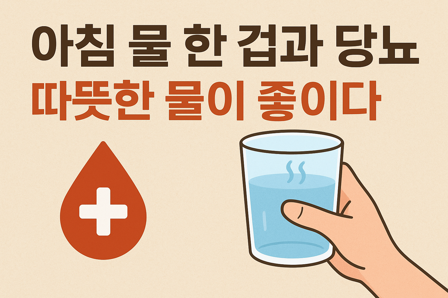 아침 물 한 컵과 당뇨 관리의 중요성을 알리는 썸네일 이미지로,
연한 베이지색 배경 위에 “아침 물 한 컵과 당뇨, 따뜻한 물이 좋이다”라는 문구가 굵게 쓰여 있다.
왼쪽에는 혈당을 상징하는 붉은 피 방울 모양 아이콘이 있고,
오른쪽에는 손이 따뜻한 물이 담긴 컵을 들고 있는 일러스트가 그려져 있다.