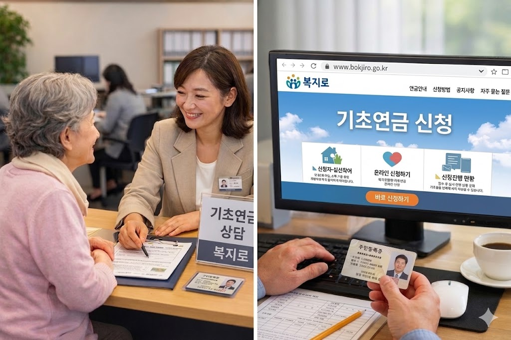 기초연금 신청 상담 중인 노인과 공무원, 복지로 사이트 화면