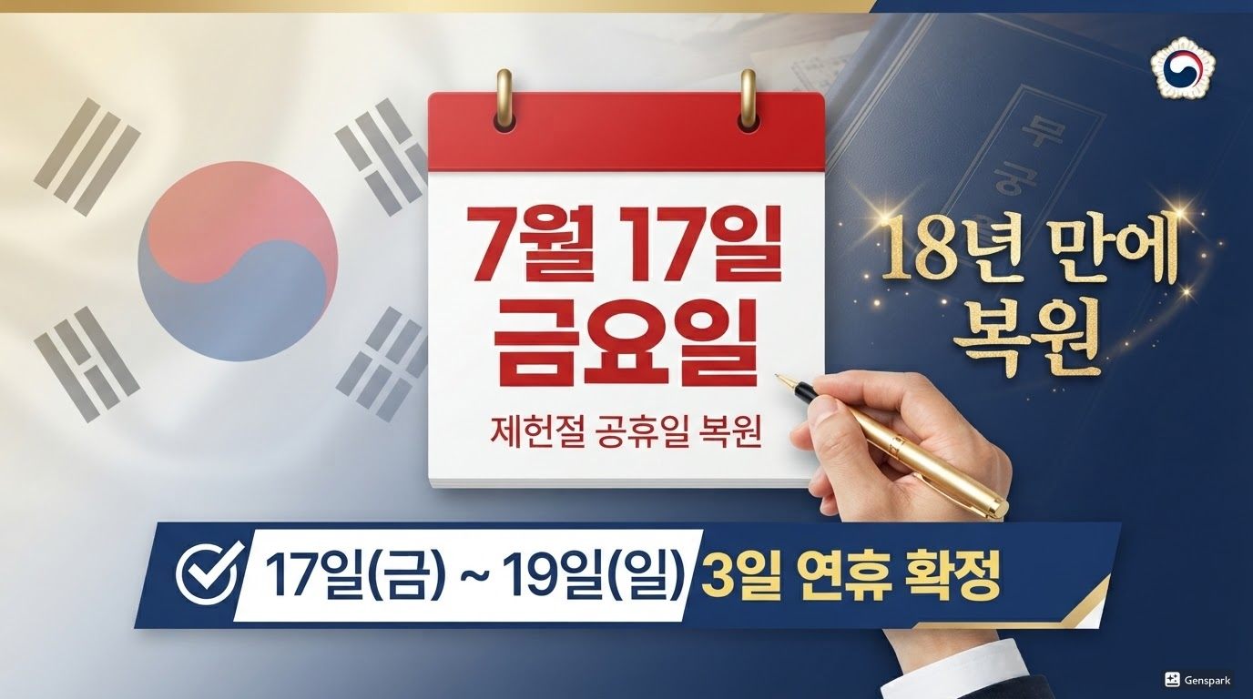 제헌절 18년 만에 공휴일 복원 — 17~19일 3일 연휴 확정, 직장인 수당까지 총정리