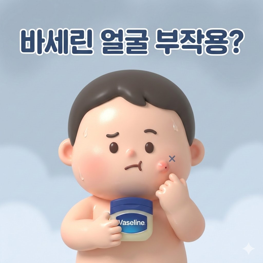 얼굴에 바세린을 바른 후 약간 불편해 보이는 귀여운 캐릭터가 작은 바세린 병을 들고 고민하는 모습. 얼굴에는 모공 막힘을 은유적으로 표현한 작은 빨간색 뾰루지 모양의 기호가 보임.