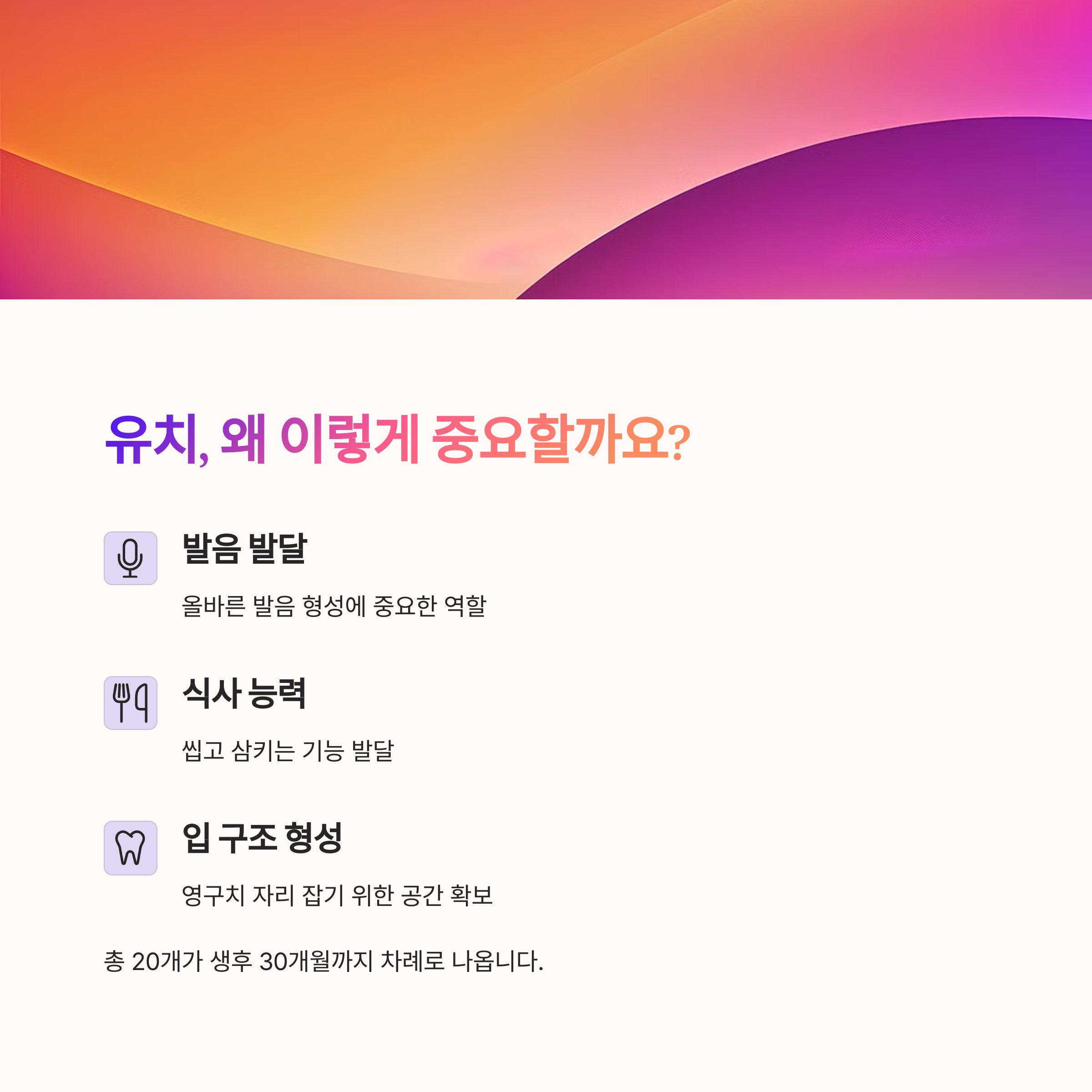 유치의 중요성을 항목별로 정리한 인포그래픽 화면