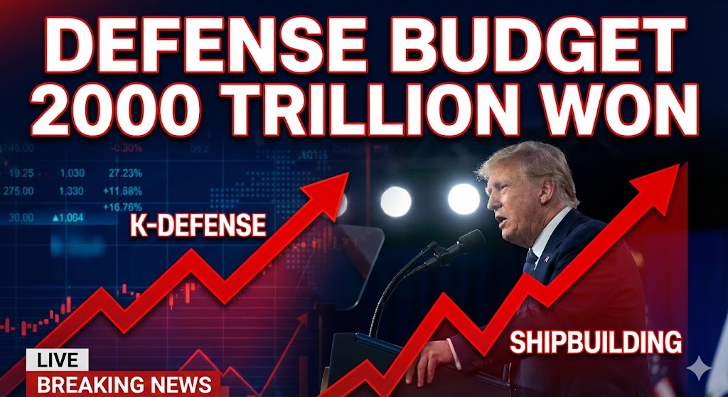 트럼프 대통령의 이미지와 함께 방산/조선 ETF의 급등 그래프가 그려진 인포그래픽. '국방 예산 2,000조 원'이라는 키워드가 강조됨