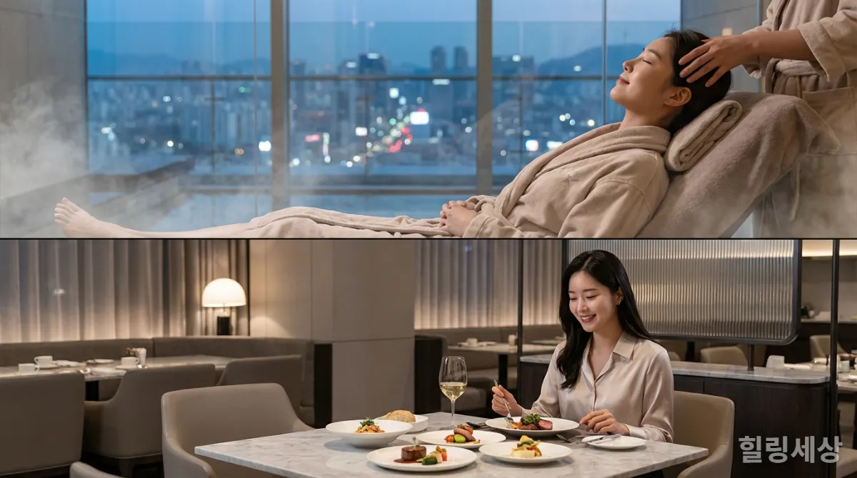 도심 속 럭셔리 호텔 스파에서 휴식을 취하고 호텔 레스토랑에서 식사를 즐기는 한국인 여성의 모습