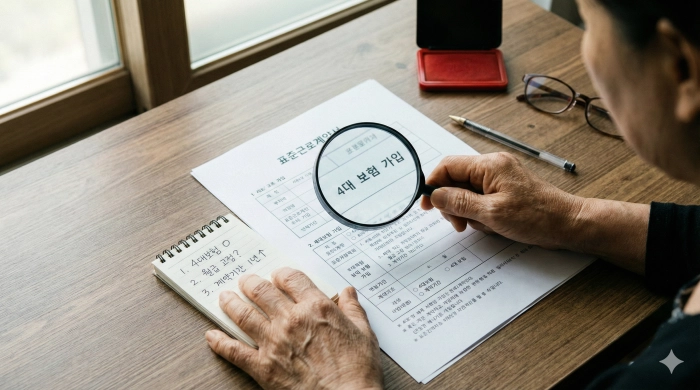 표준근로계약서의 4대 보험 항목을 꼼꼼히 확인하며 체크리스트와 대조