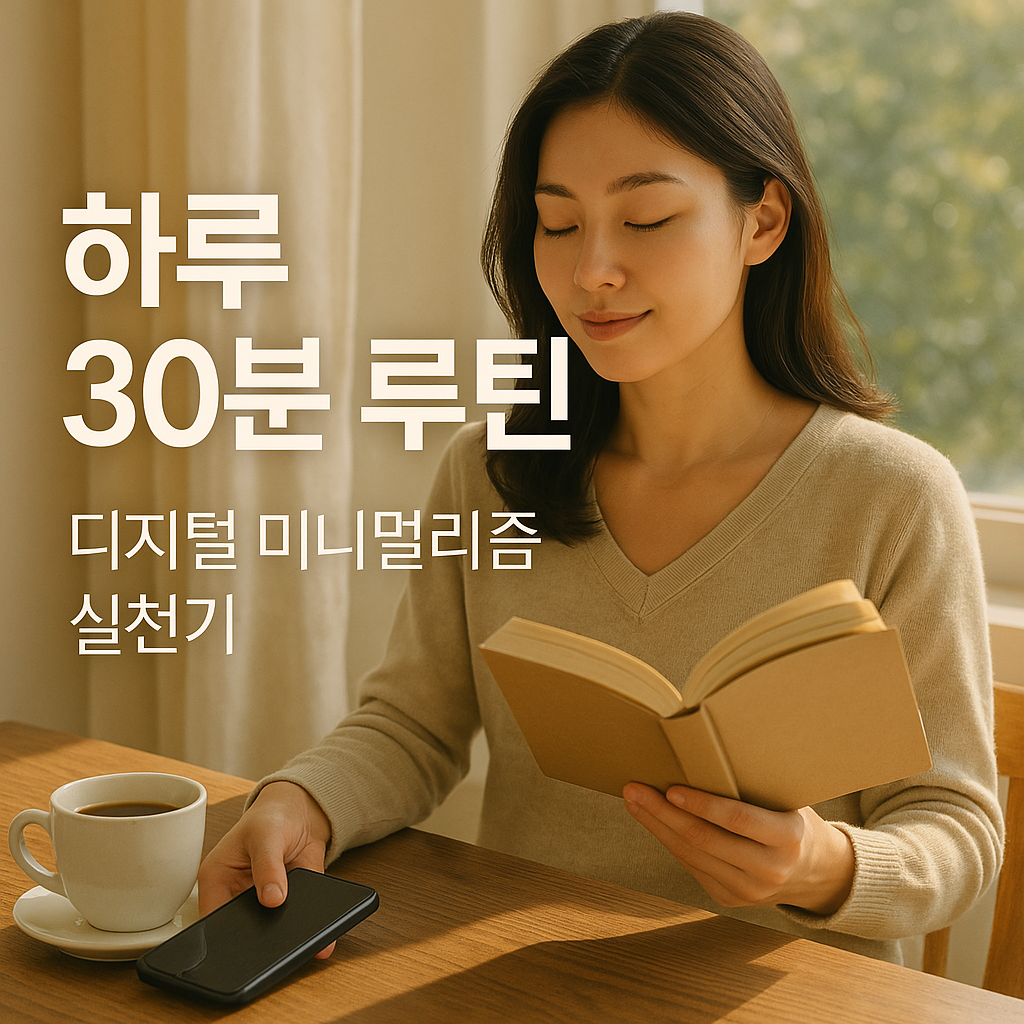 디지털 미니멀리즘 실천 하루 30분 루틴 사진. 
여자가 책을 읽고, 휴대전화는 꺼져있는 사진