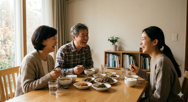 어버이날 부모님과 함께 식사하며 선물 전달하는 모습