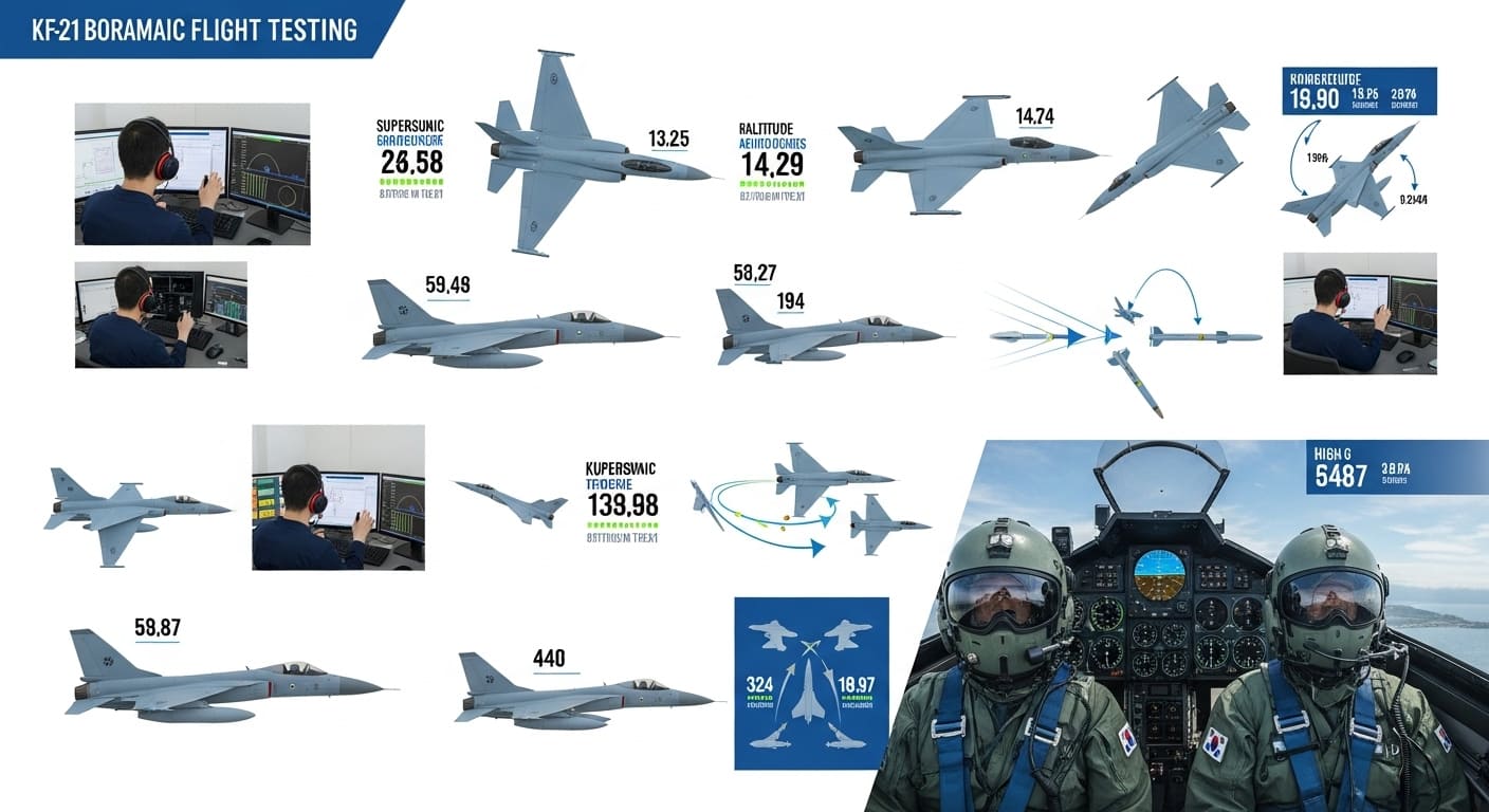 KF-21 비행시험 과정을 상세하게 보여주는 인포그래픽, 다양한 시험 단계와 기술 데이터가 포함됨.
