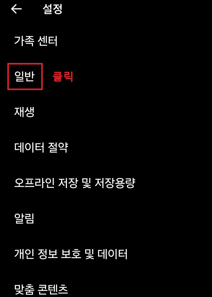 설정 페이지 상단에 일반 메뉴 보임