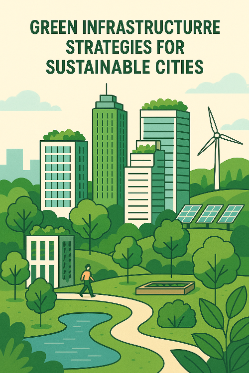 현대 도시의 스카이라인 위로 푸른 녹지와 나무가 조성된 옥상과 벽면이 보이며, 자전거도로와 빗물정원, 도시 숲이 어우러진 친환경 도시 경관 일러스트