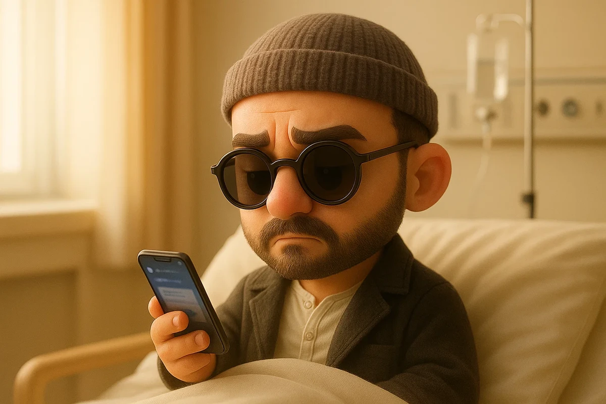 병원 침대에서 스마트폰을 보는 남성 캐릭터