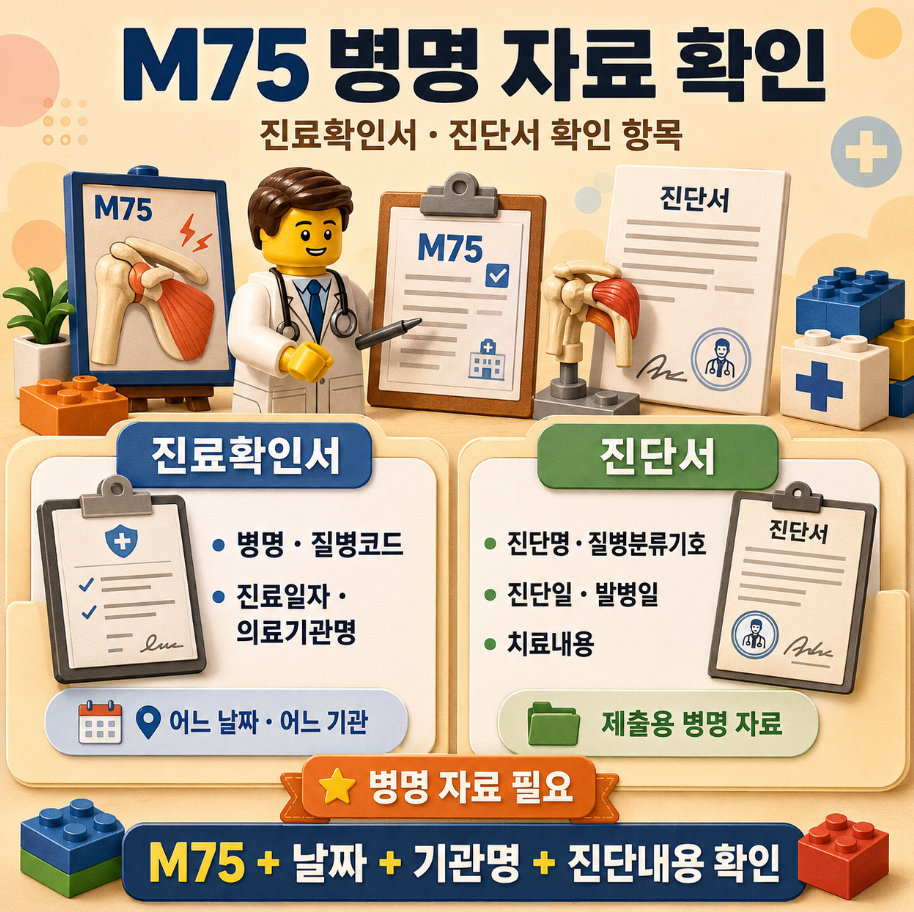 M75 진료확인서와 진단서에서 병명, 질병코드, 진료일자를 확인하는 방법을 설명한 레고 스타일 메디컬 인포그래픽