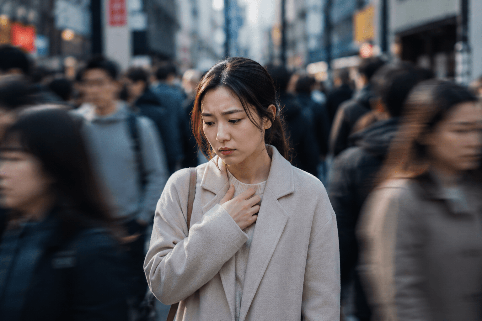 붐비는 도심 한가운데에서 가슴에 손을 얹은 채 불안한 표정을 짓는 젊은 여성이 주변의 빠르게 움직이는 사람들 사이에서 고립감을 느끼는 모습