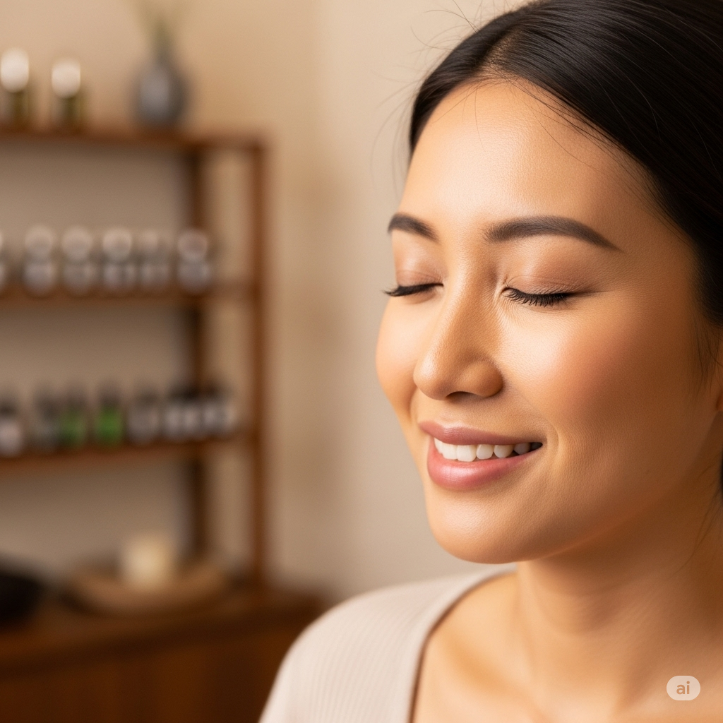 아로마테라피 수업 중 고객이 완벽하게 블렌딩된 에센셜 오일 향을 맡으며 만족스러워하는 표정을 클로즈업한 사진입니다