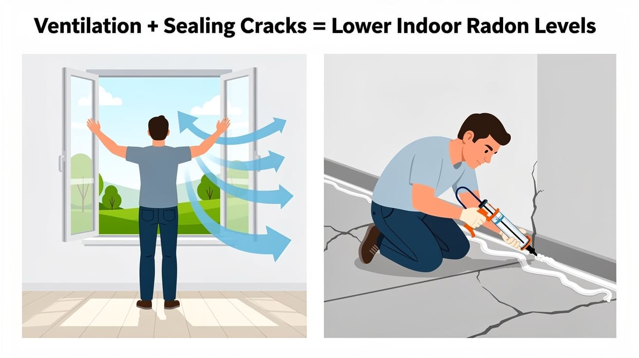 창문을 활짝 열어 환기하는 모습과 벽&ndash;바닥 경계에 실리콘/실란트로 틈을 메우는 모습