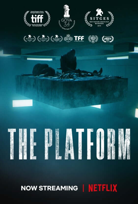 The Platform : 식사 플랫폼이 공중에 떠 있는 모습으로 수직 감옥 속 계급 은유를 담은 영화 포스터