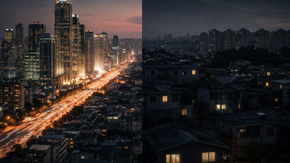 좌측에는 밝은 조명과 고층 빌딩이 밀집한 도시 야경이, 우측에는 어두운 주거 지역의 낮은 건물과 희미한 불빛이 보이는 대비적 도시 풍경 이미지