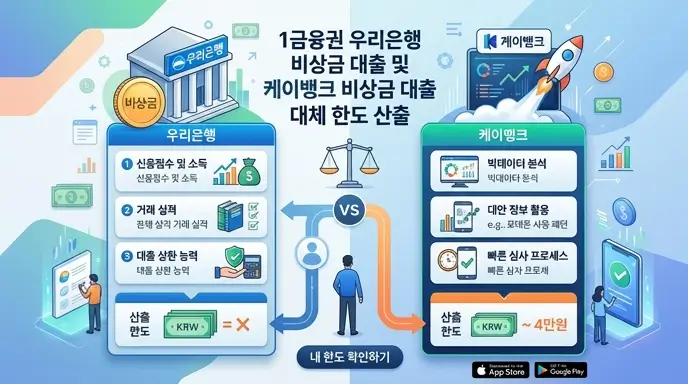 1금융권 우리 은행 비상금 대출 및 케이 뱅크 비상금 대출 대체 한도 산출