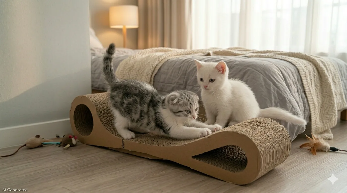 종이 스크래처를 사용하며 발톱을 정리하는 회색 무늬 스코티쉬폴드와 옆에서 지켜보는 하얀색 먼치킨 고양이