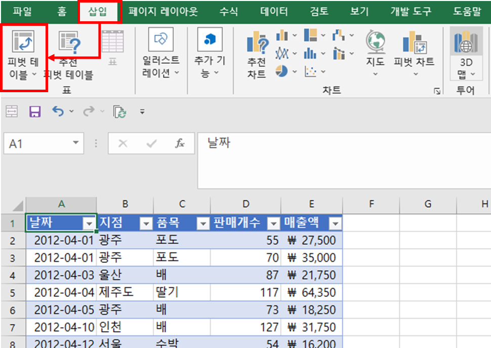 리본메뉴 중 삽입 -&gt; 피벗테이블 클릭