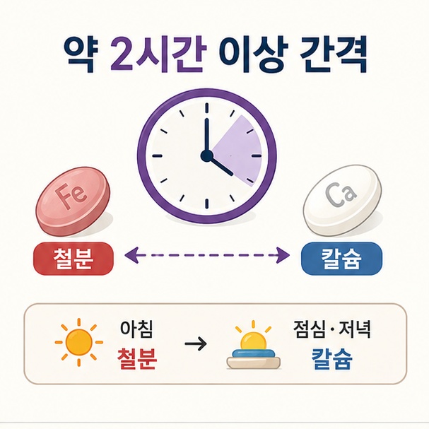 철분제와 칼슘제를 약 2시간 이상 간격을 두고 서로 다른 시간에 복용하는 방법을 설명한 이미지