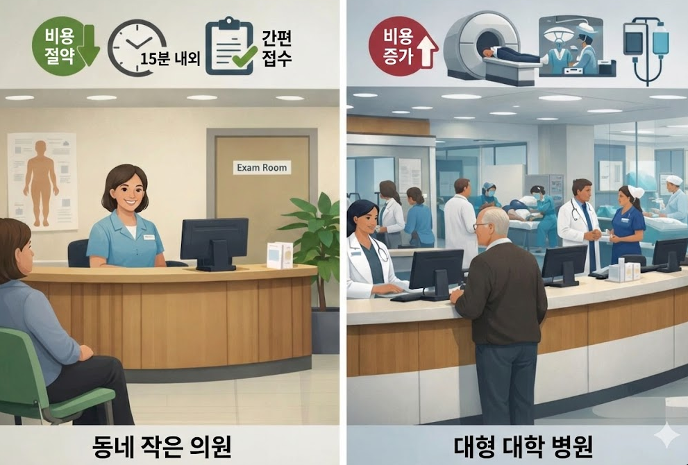 동네 의원과 상급 종합병원의 고혈압 진료 과정과 본인부담금 구조를 비교한 의료 시스템 이미지