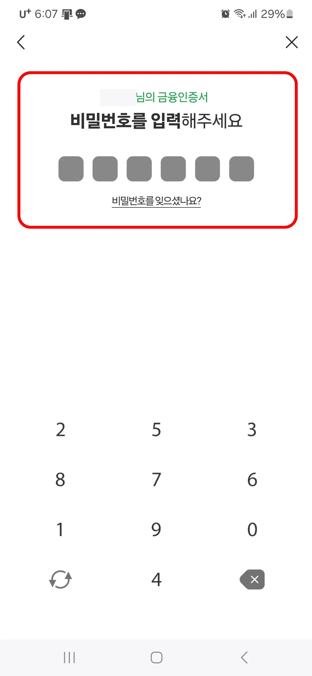 금융인증서 비밀번호 입력