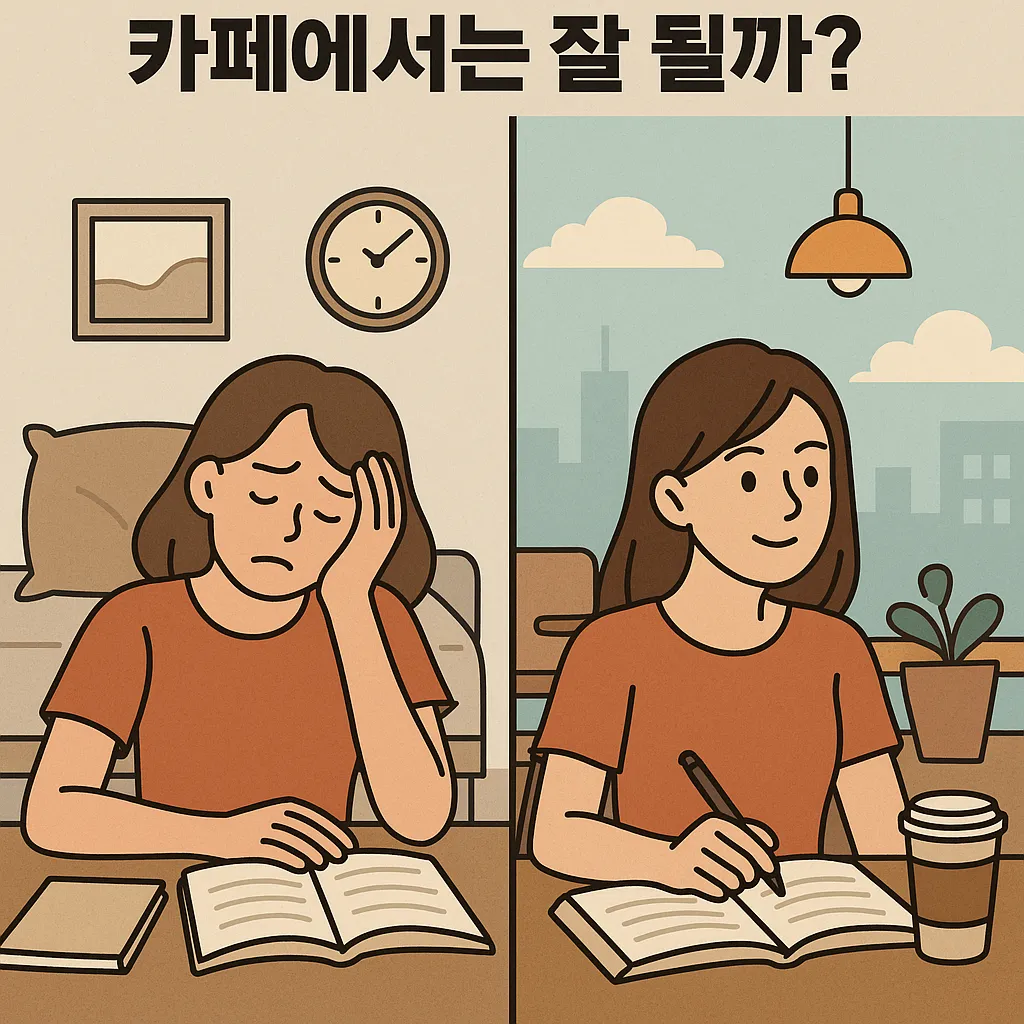 집에서는-집중을-못하지만-카페에서는-공부에-집중하는-여성을-비교한-일러스트-이미지