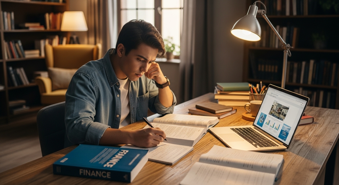 금융 관련 서적을 읽고 온라인 강의를 들으며 자기 계발에 몰두하고 있는 청년의 모습.