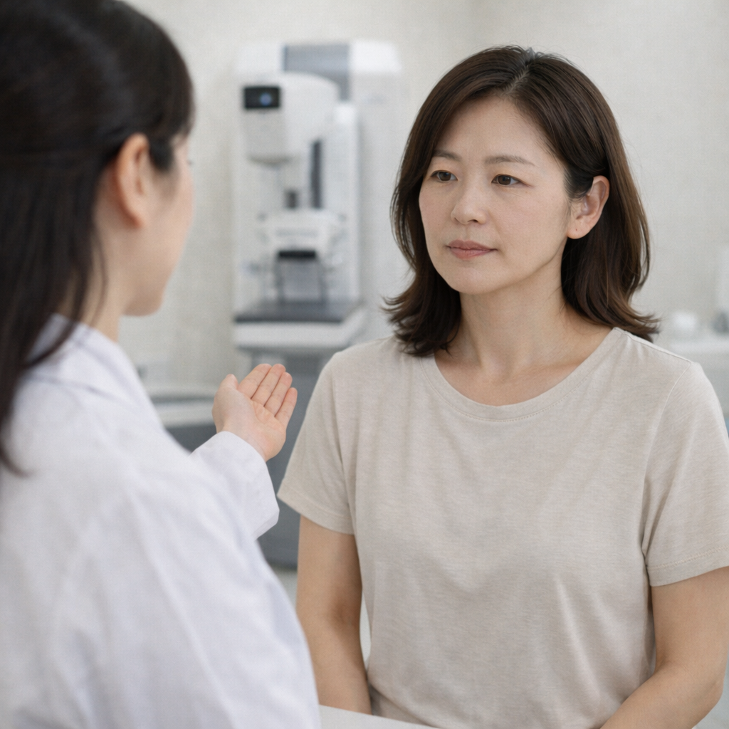 유방 건강 확인을 위해 병원 검사를 받는 장면을 상징하는 이미지