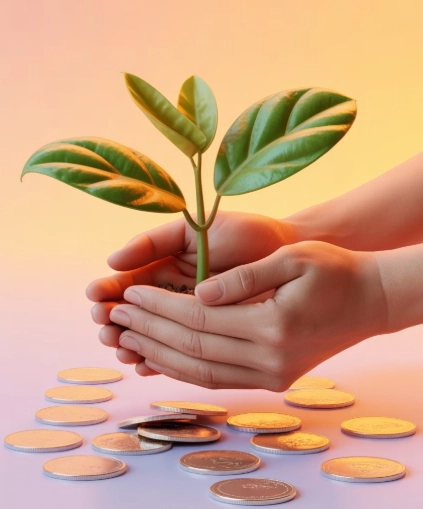 사회적기업이란 무엇인지 이해를 돕기위한 화분과 동전 이미지