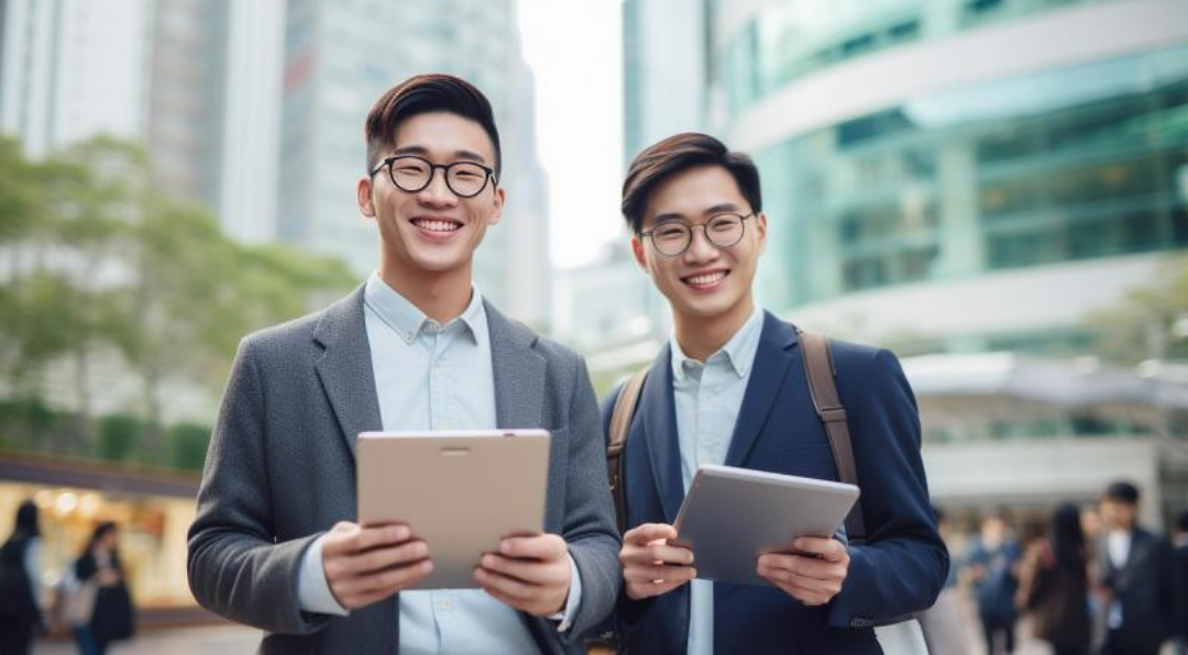 두 남자 청년이 환하게 웃고 있다.