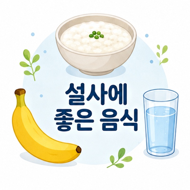 쌀죽과 바나나, 물을 이용해 설사 중 부담이 적은 식사와 수분 보충을 소개하는 그림