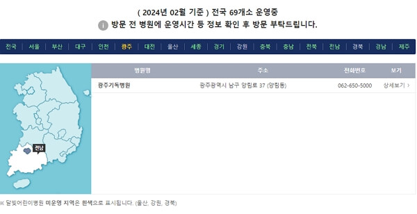 전남, 전북, 광주 달빛어린이병원 주소, 전화번호 목록