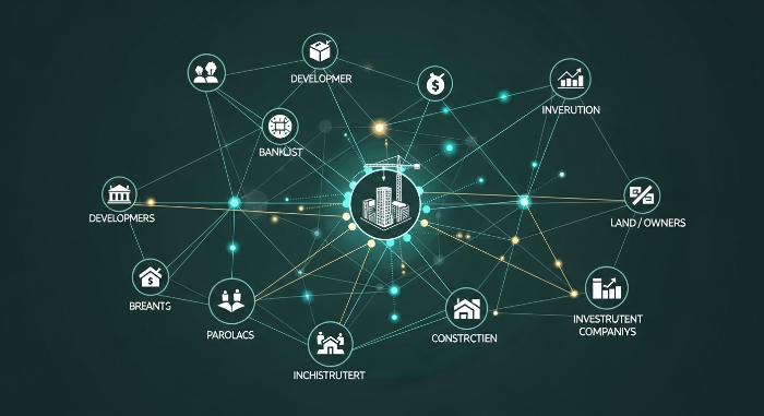 부동산 PF 구조의 복잡한 이해관계를 나타내는 추상적인 이미지. 개발업자, 금융기관, 시공사, 신탁사가 얽힌 네트워크와 건설 중인 빌딩 프로젝트를 중심으로 한 현대적인 인포그래픽.
