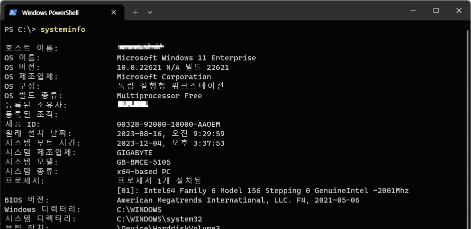 PowerShell에서 systeminfo 명령으로 Windows 버전 확인