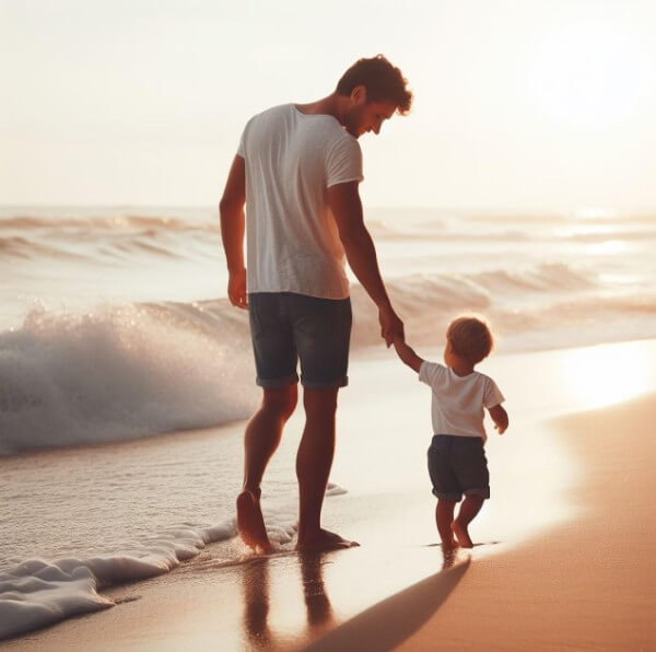 바닷가 백사장을 걷고 있는 아빠와 아들