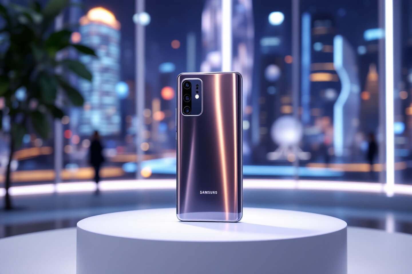 삼성 갤럭시 스마트폰이 현대적인 도시 풍경을 배경으로 둥근 받침대 위에 세워져 있는 모습. 뒷면의 광택 있는 메탈릭 디자인과 세련된 카메라 모듈이 돋보이며, 미래적인 분위기가 강조된 이미지입니다