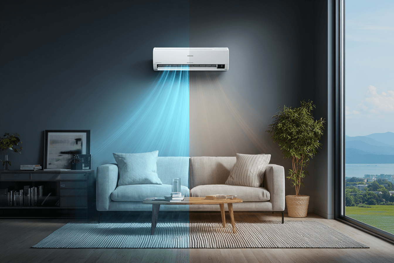 거실에-설치된-벽걸이-에어컨-사진을-반으로-나누어-상반되게-표현한-이미지