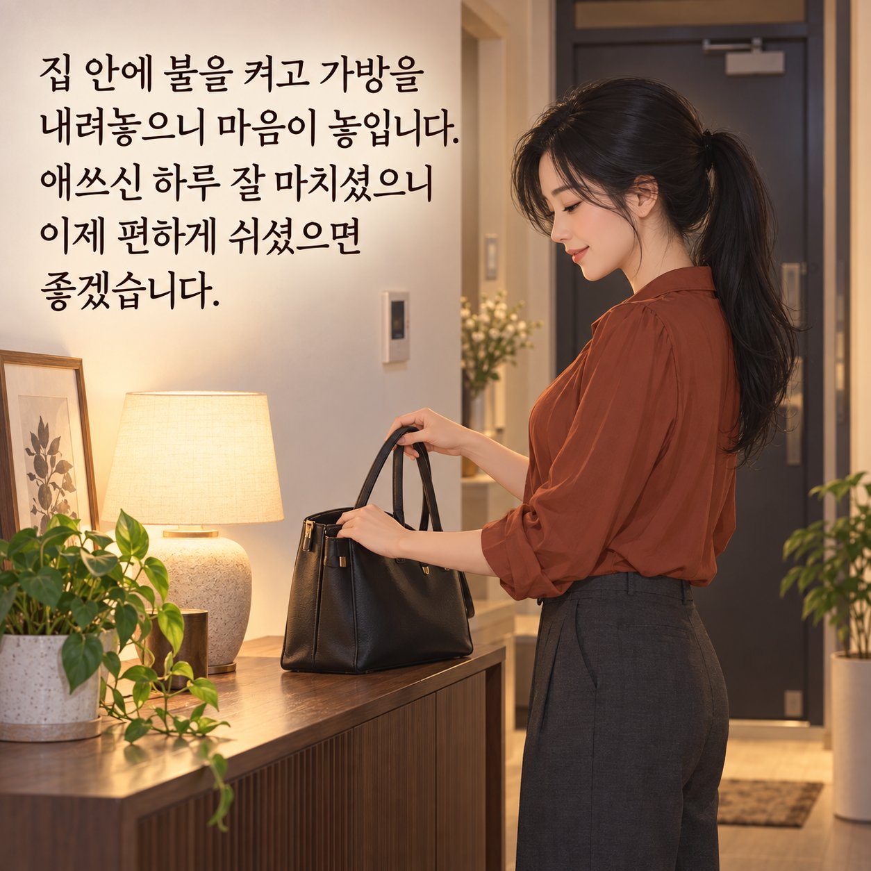 퇴근 후 쉬어가는 저녁 인사 이미지 5 — 집 안에 불을 켜고 가방을 내려놓으니 마음이 놓입니다. 애쓰신 하루 잘 마치셨으니 이제 편하게 쉬셨으면 좋겠습니다.