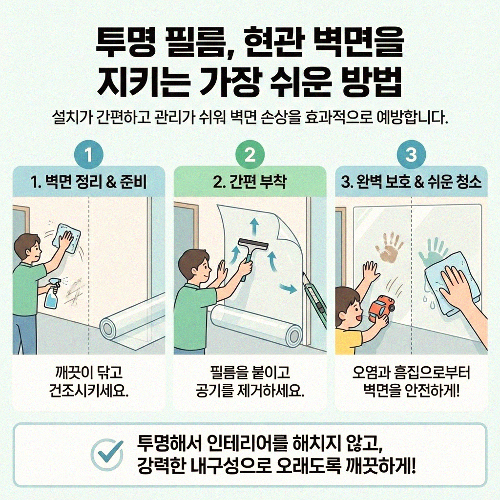 현관 벽면 오염 고민 끝 투명 필름으로 깔끔하게 관리해요