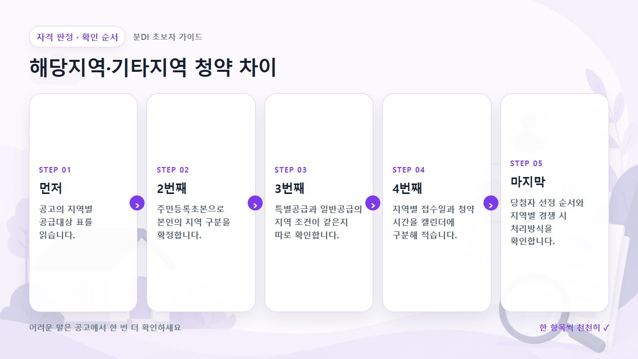 해당지역·기타지역 청약 차이 확인 순서를 다섯 단계로 보여주는 흐름도