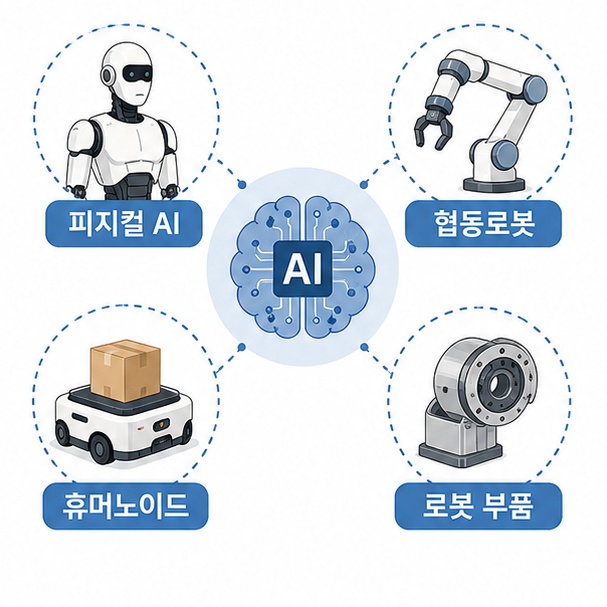 피지컬 AI와 휴머노이드, 협동로봇, 자율이동로봇, 로봇 핵심 부품이 연결되는 산업 구조를 보여주는 그림