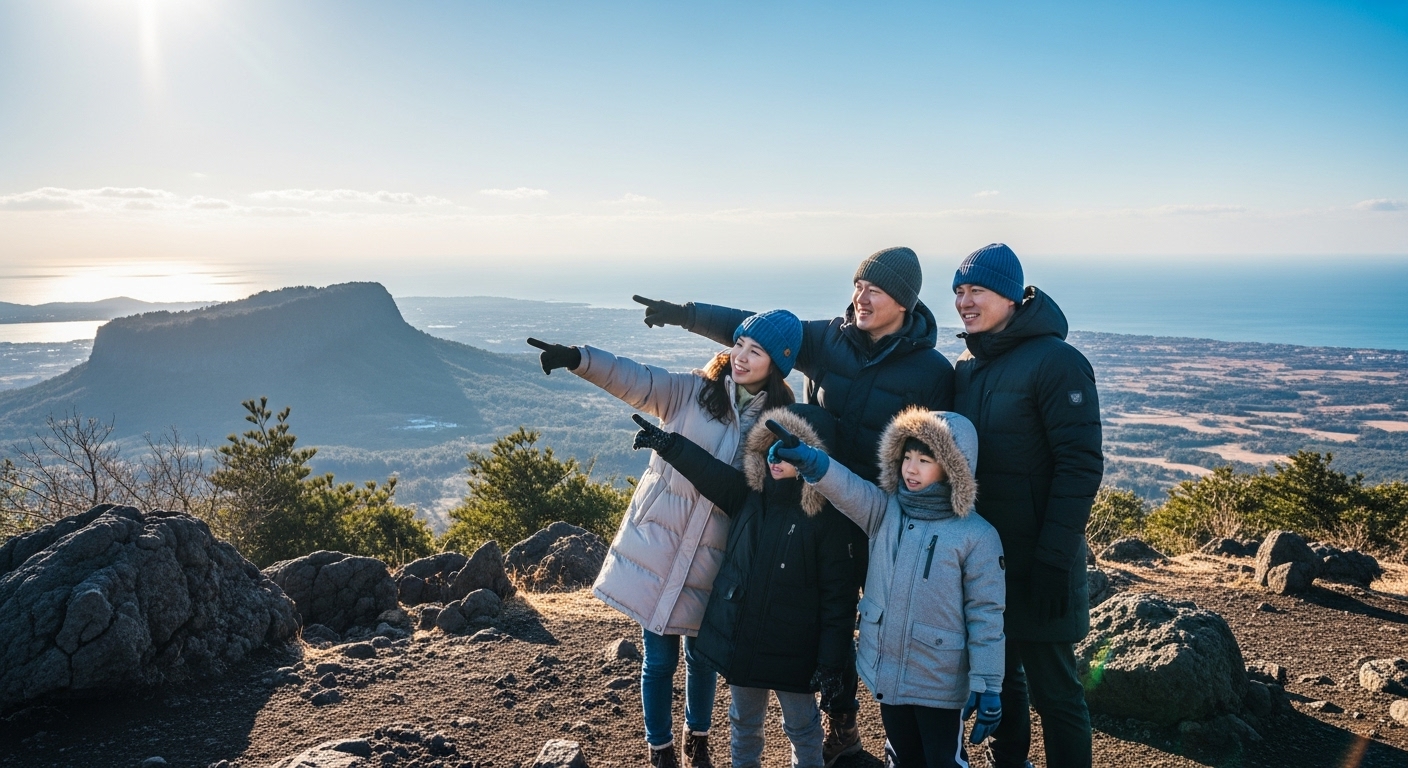 겨울 성산일출봉 정상에서 따뜻하게 옷을 입은 가족이 제주 바다 풍경을 감상하며 행복해하는 모습