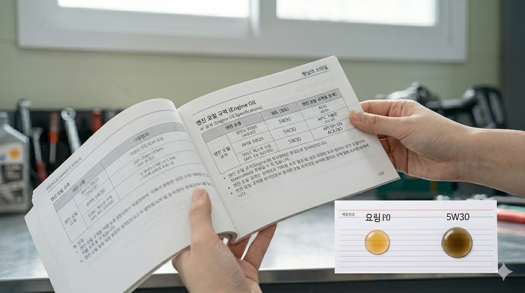 실제 차량 취급 설명서(매뉴얼)를 펼쳐 제조사가 권장하는 엔진오일 규격과 점도 수치를 직접 확인하는 모습을 보여주는 이미지