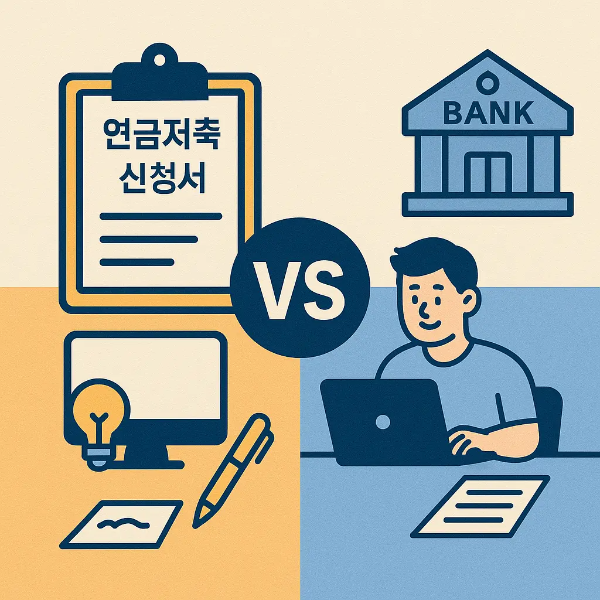 연금저축 신청서와 IRP 계좌 선택 상황을 묘사한 일러스트로, 양쪽 특징을 직관적으로 보여주는 평면 디자인 이미지