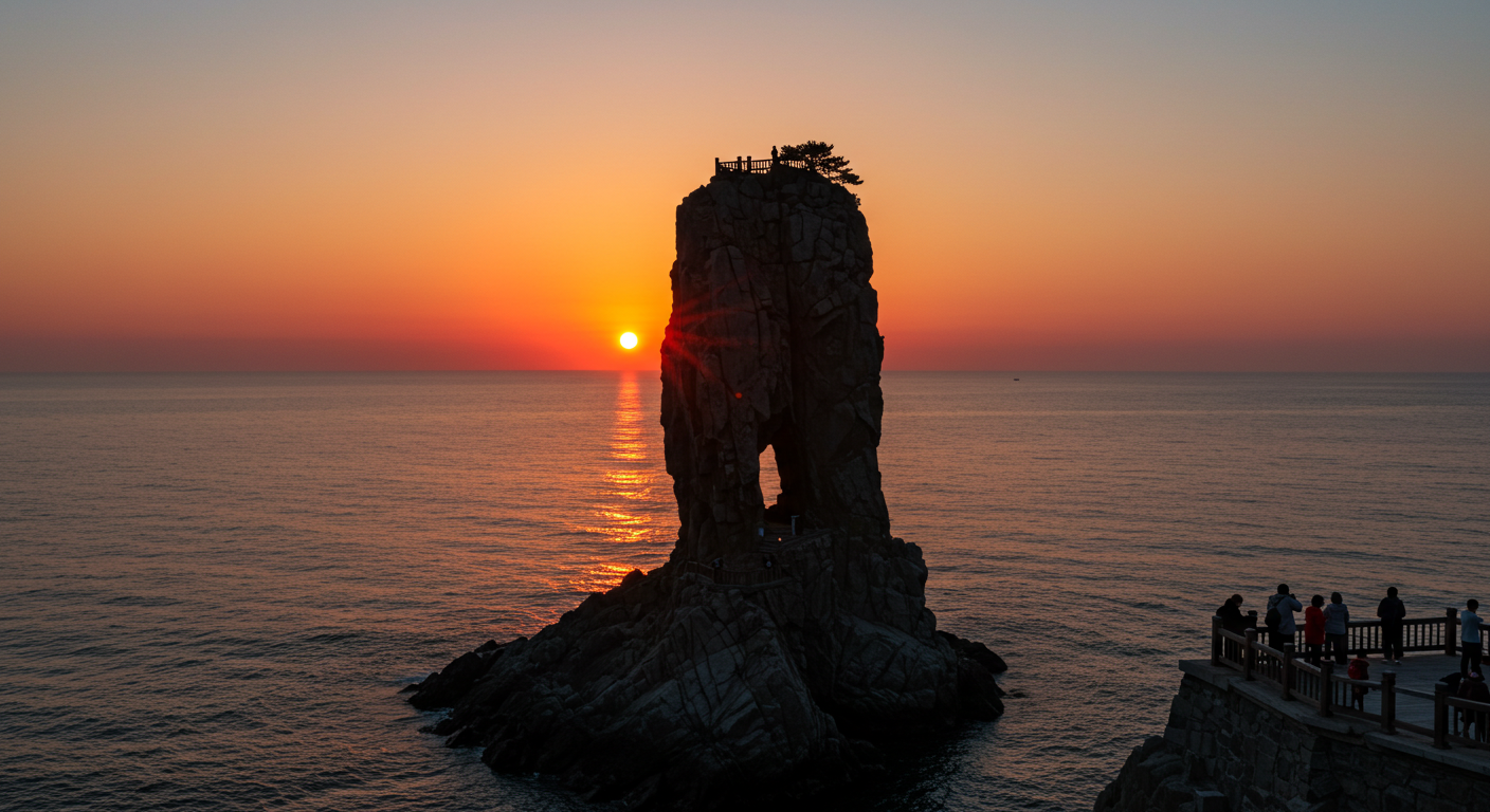 동해 추암 촛대바위 위로 떠오르는 일출 풍경