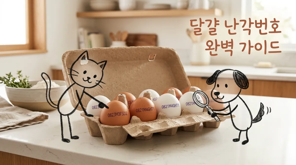 달걀 난각번호 읽는 법을 설명하는 대표 이미지, 주방 배경의 달걀 팩과 귀여운 스틱 캐릭터